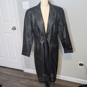 Newport News Bohemian Black Long Leather Coat Size Large